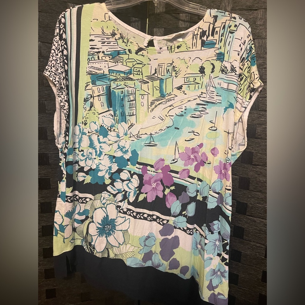 CJ Banks Floral Top X, 14W Plus Tunic Long Stretch French Riviera Asymmetric